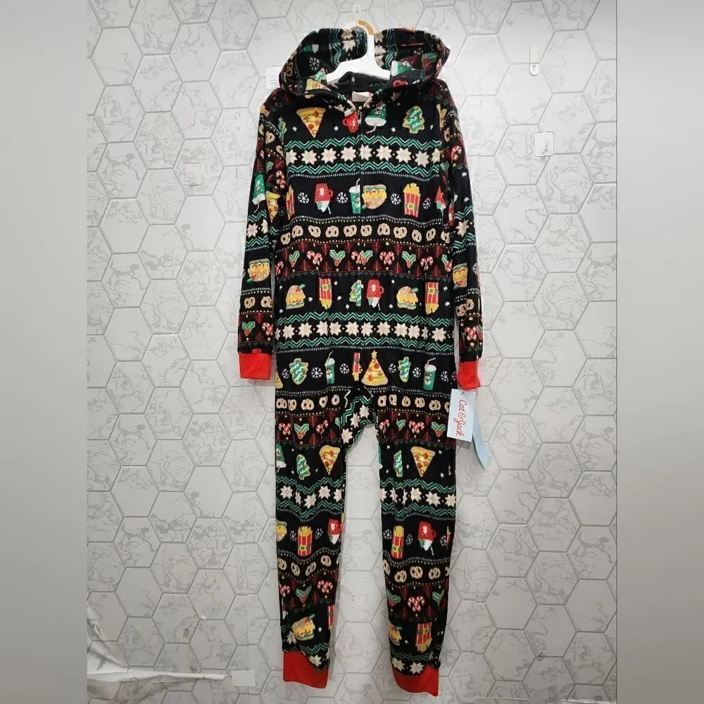 Nwt Cat & Jack Girls Boys Fleece Pajamas Christmas Fast Food Union Suit Sz S 6 7